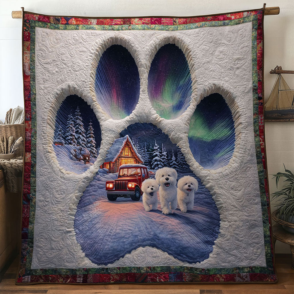Bichon Frise Paw Christmas Night Quilt Blanket Christmas Throw Blanket Bichon Frise Themed Gifts