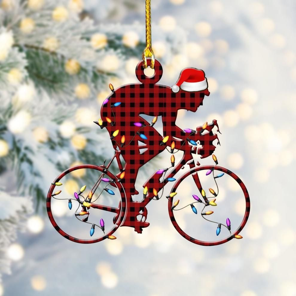 Bicycling Red Buffalo Plaid Acrylic Christmas Ornaments 2D Flat Ornament