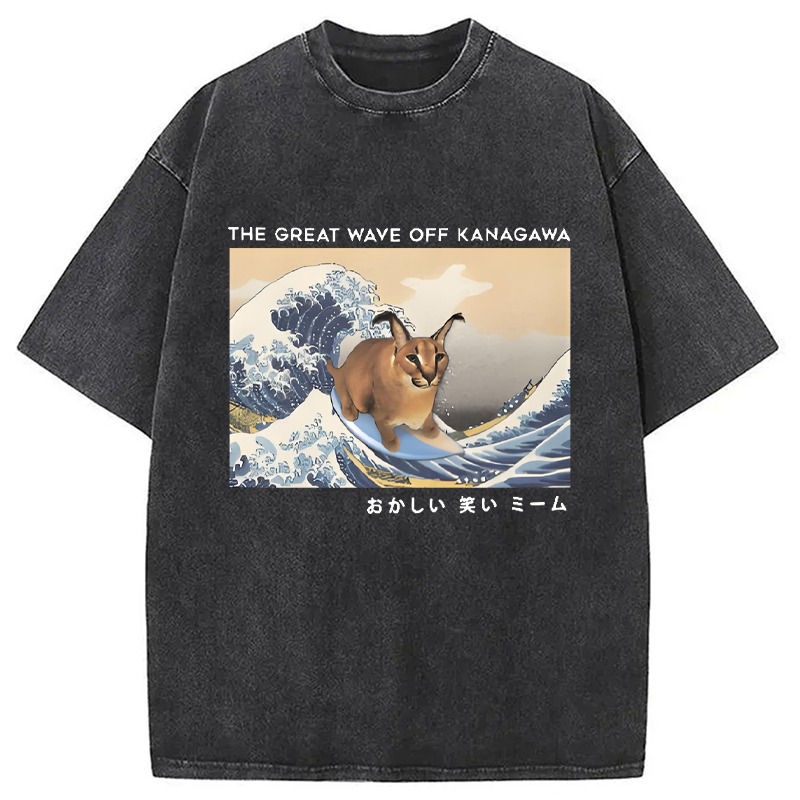 Big Floppa and The Great Wave off Washed T-Shirt Casual Oversized Outfit Style Gifts For Sister