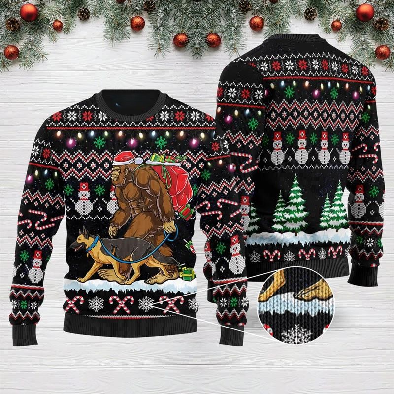 Big Foot And Dog In Snow Forest Ugly Holiday Sweater Cozy Jumper Sasquatch Themed Gifts