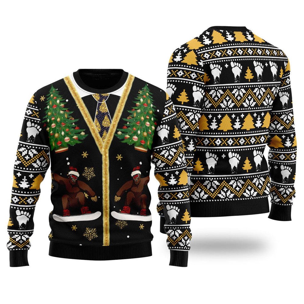Big Foot And Pine Tree Ugly Christmas Sweater Winter Apparel Bigfoot Gifts Items To Buy