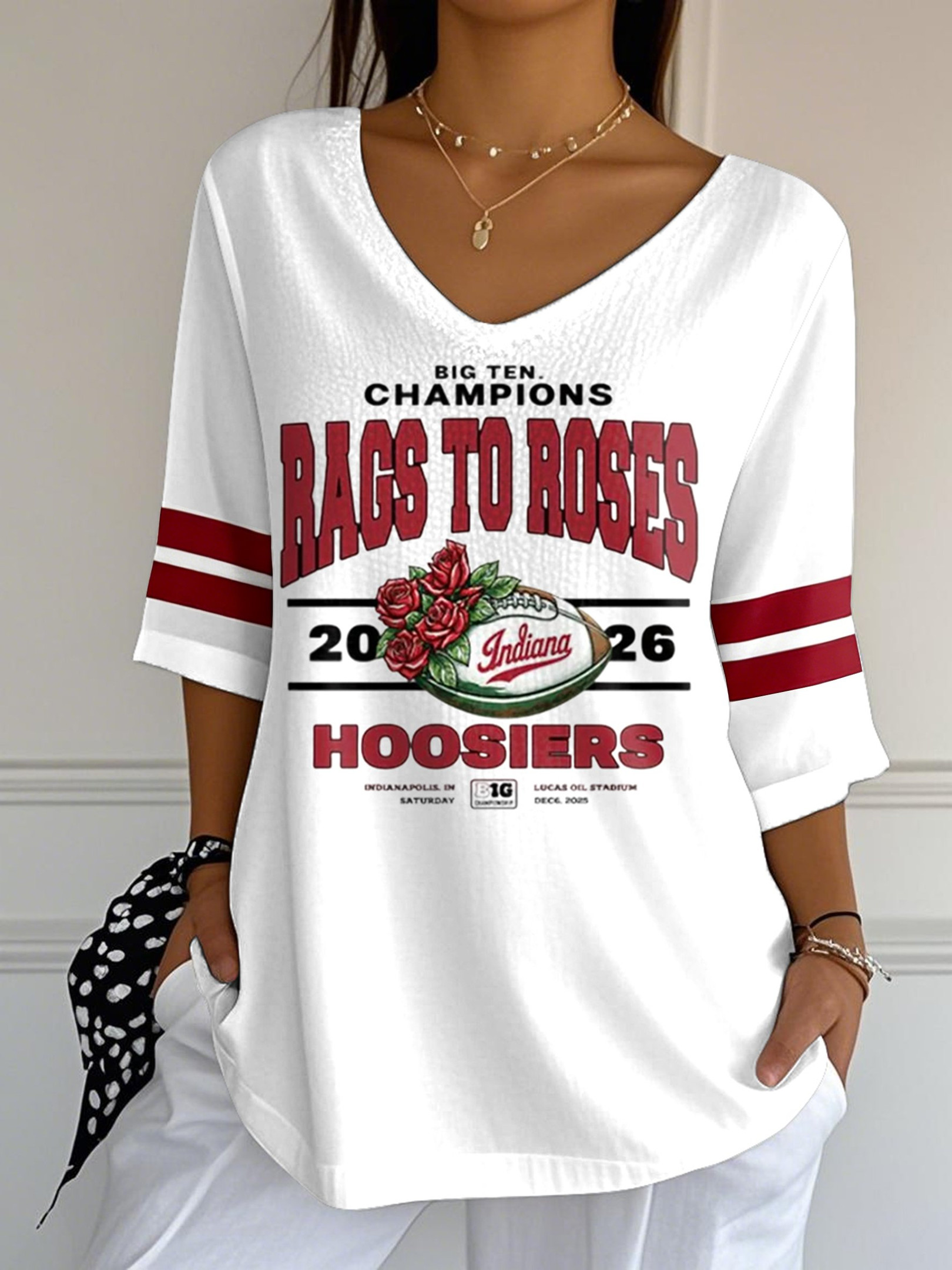 Big Ten Champions Rags To Roses Hoosiers 2026 V-Neck Long Sleeve Shirt Indiana Hoosiers Apparel