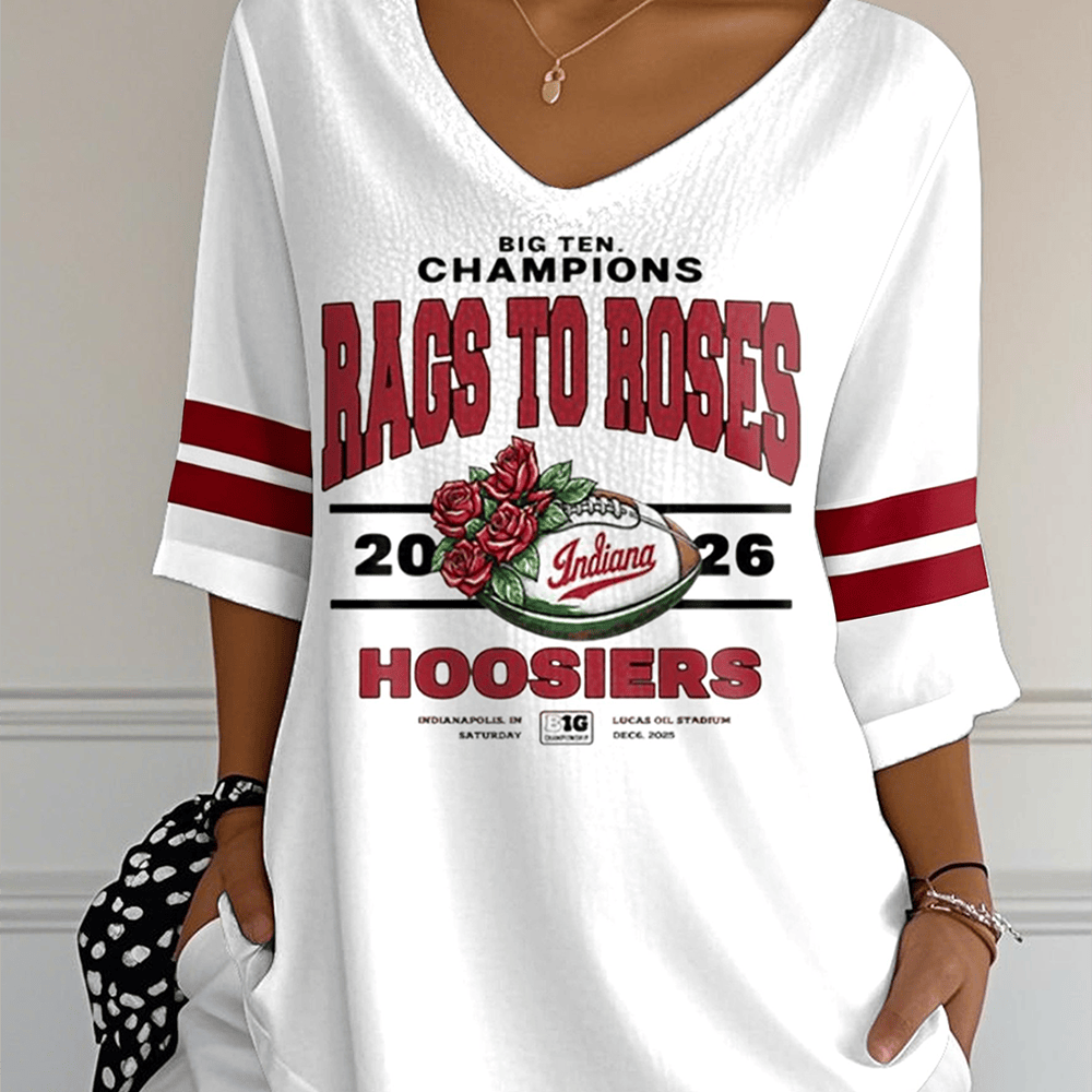 Big Ten Champions Rags To Roses Hoosiers V-Neck Long Sleeve Shirt Indiana Hoosiers Apparel