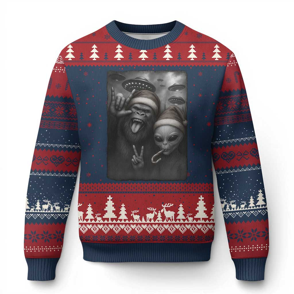 Bigfoot Alien Selfie Ugly Christmas Sweater Sasquatch Rock On Hand Jumper Xmas Gifts