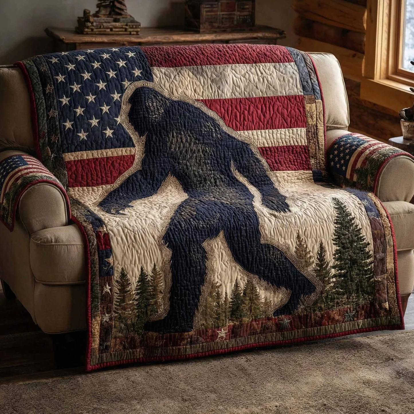 Bigfoot American Flag Quilted Sofa Cover Patriotic Sasquatch Furniture Protector Best Gift Ideas