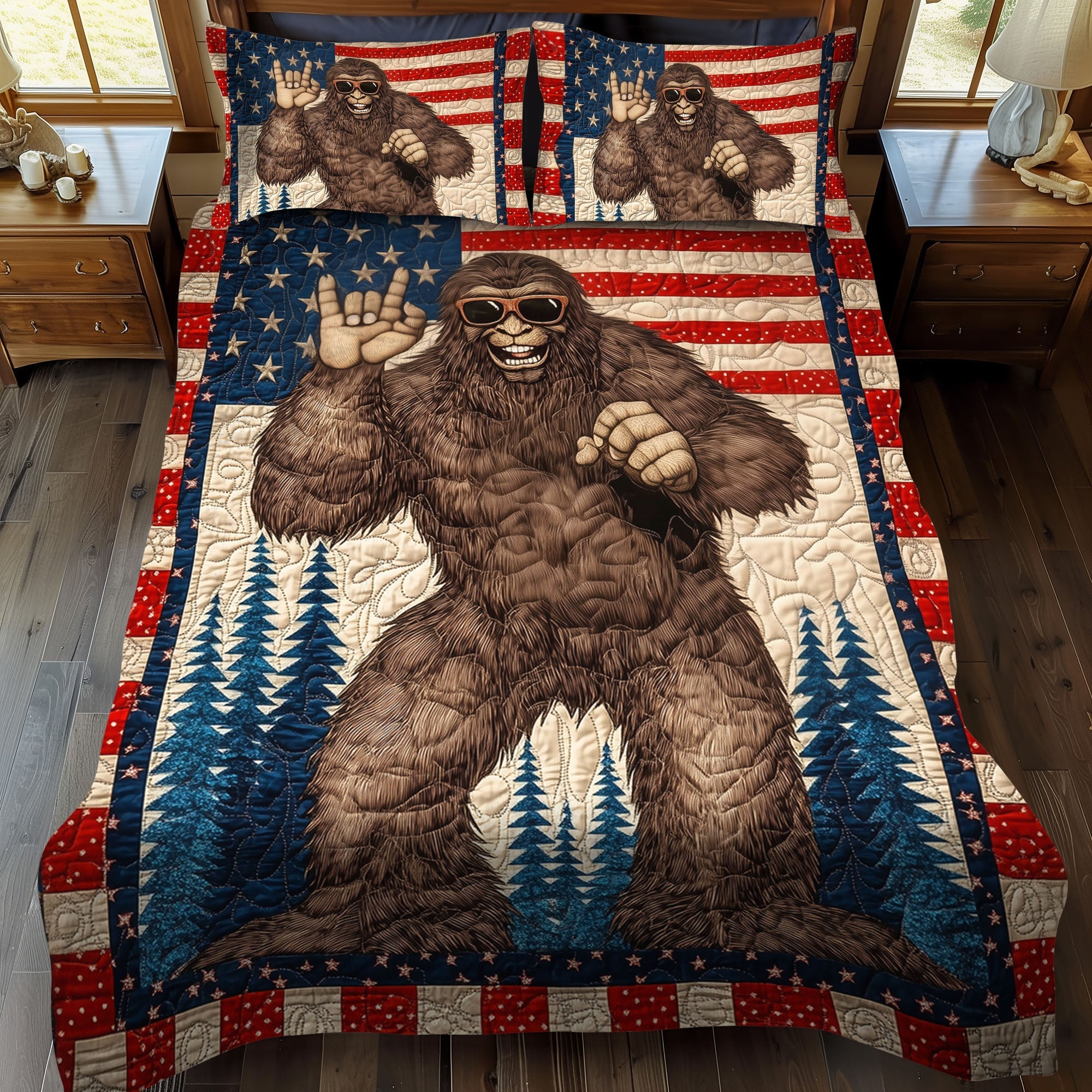 Bigfoot and the Flag Quilted Bedding Set Bedroom Decorations Bigfoot Novelty Gifts