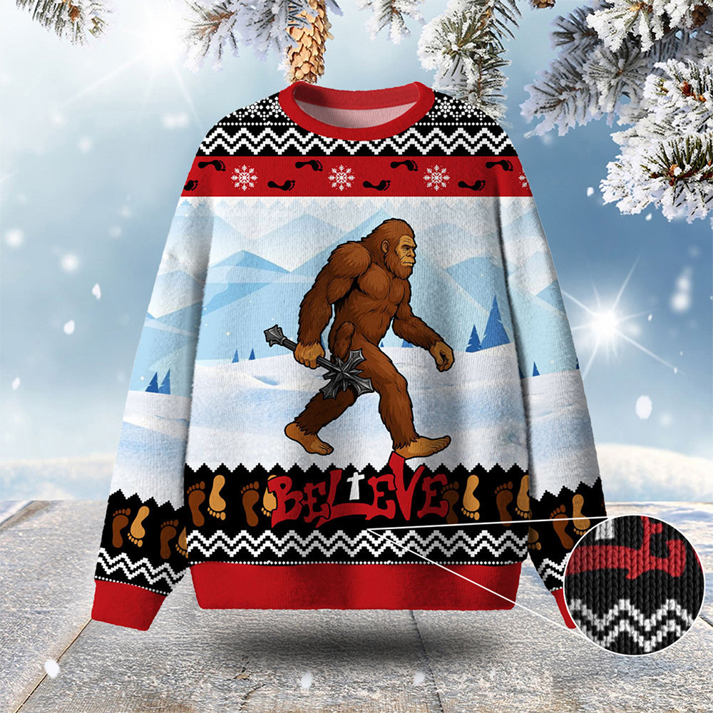 Bigfoot Believe Ugly Christmas Sweater Animal Themed Faith Gifts For Christians