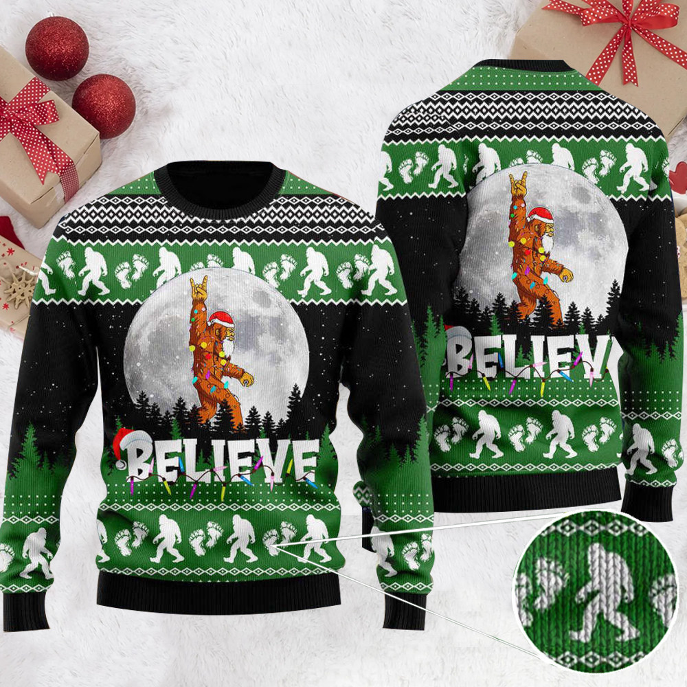 Bigfoot Believe Ugly Christmas Sweater Funny Bigfoot Xmas Gift