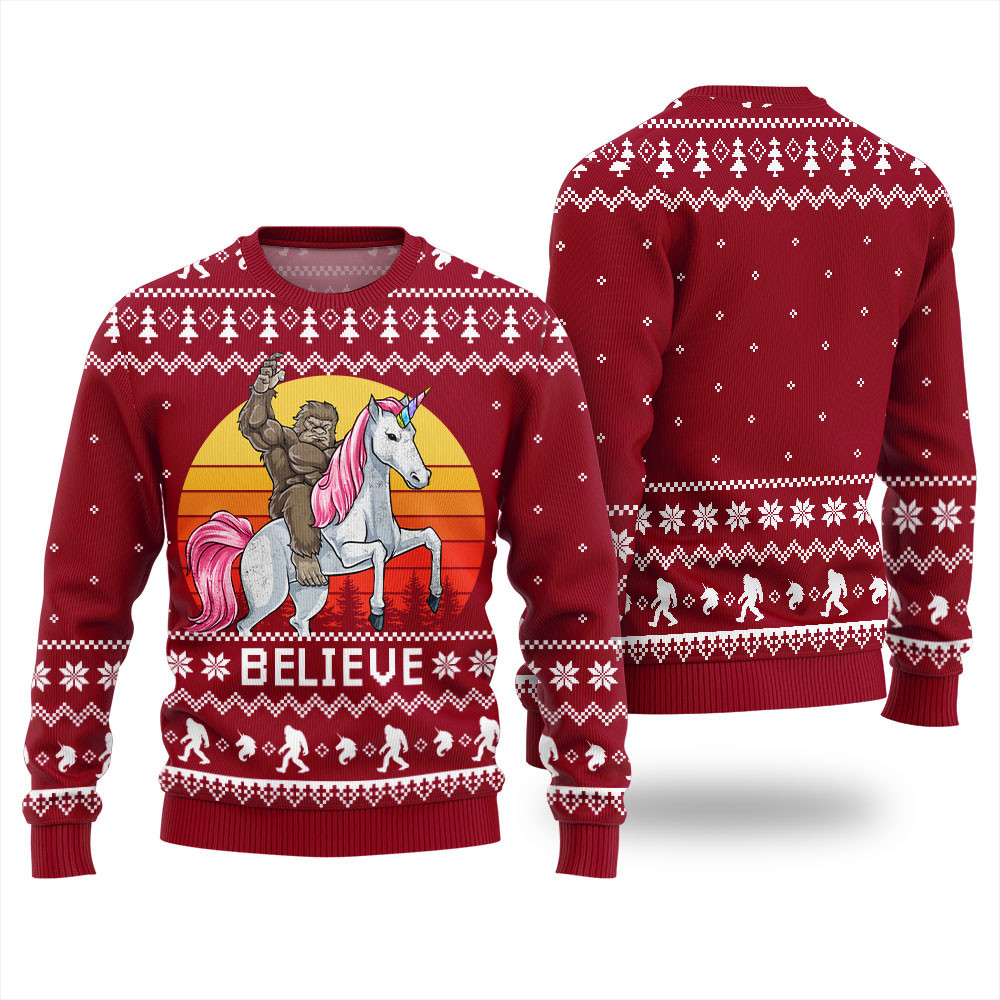 Bigfoot Believe Unicorn Ugly Christmas Sweater For Women Merry Christmas Sweatshirt for Holiday Fun