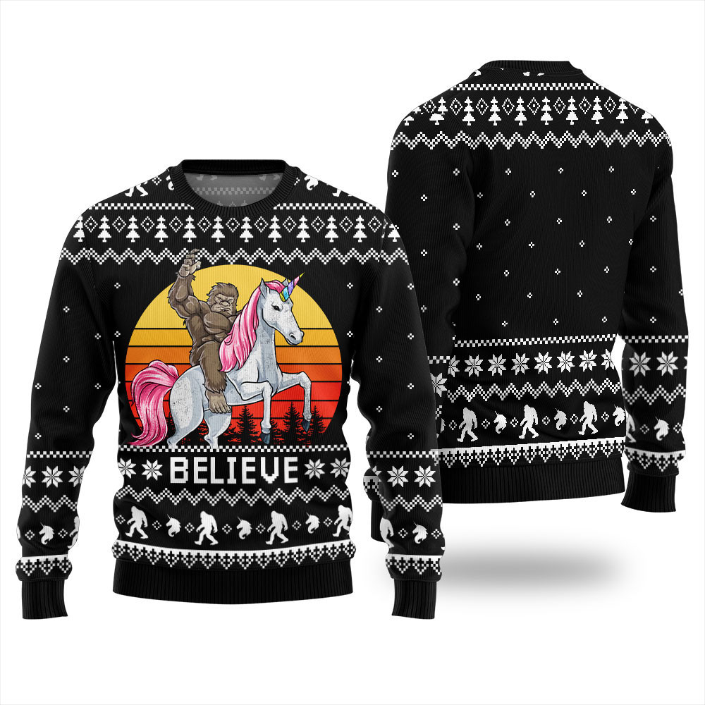 Bigfoot Believe Unicorn Ugly Sweater Best Gift Idea for Christmas Enthusiasts