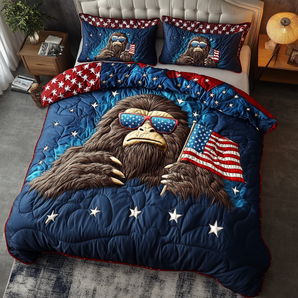 BigFoot Chill Quilted Bedding Set Patriotic Bedroom Decor Gifts For People Who Like Bigfoot