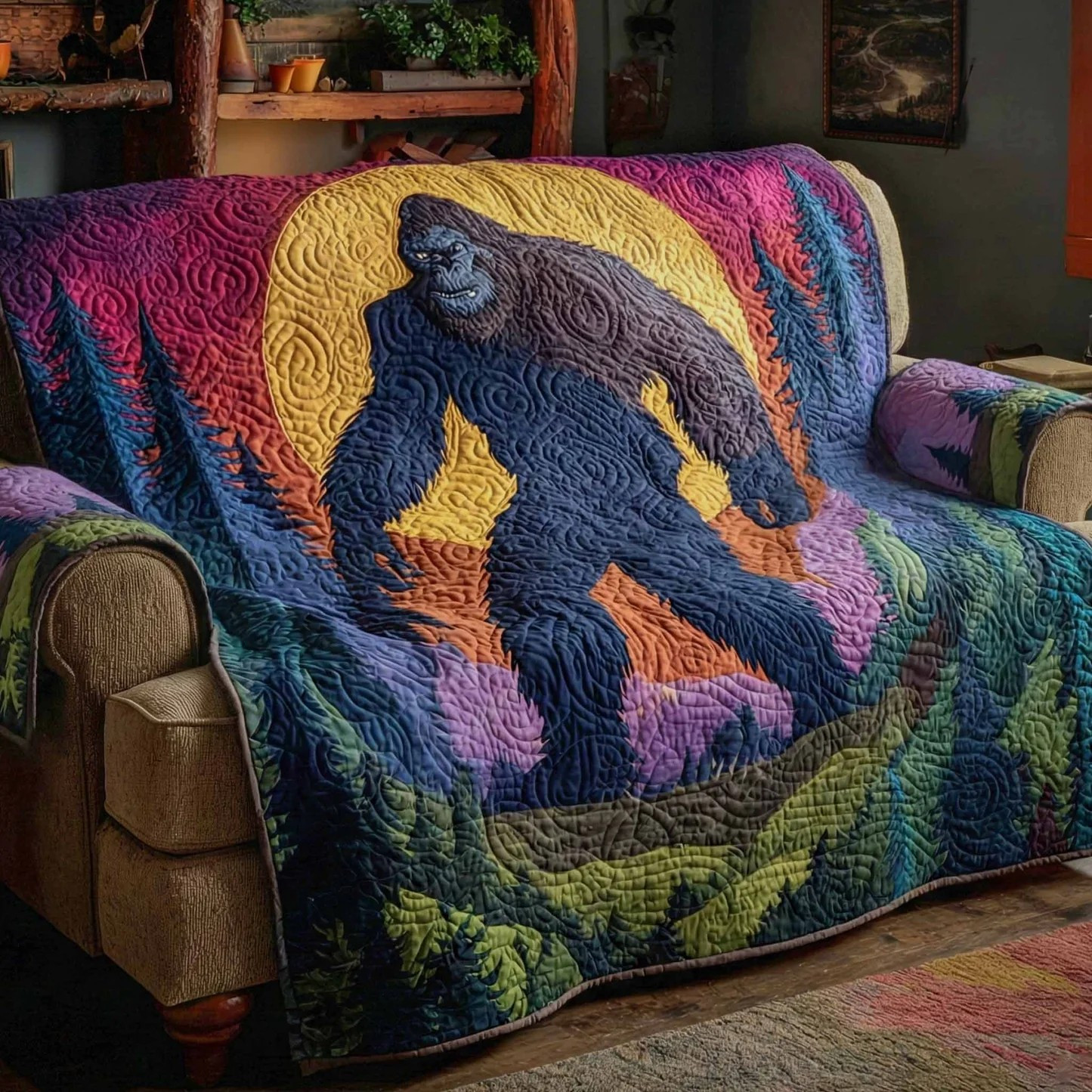 Bigfoot Colorful Sunset Quilted Sofa Cover Sasquatch Boho Furniture Protector Best Gift Ideas