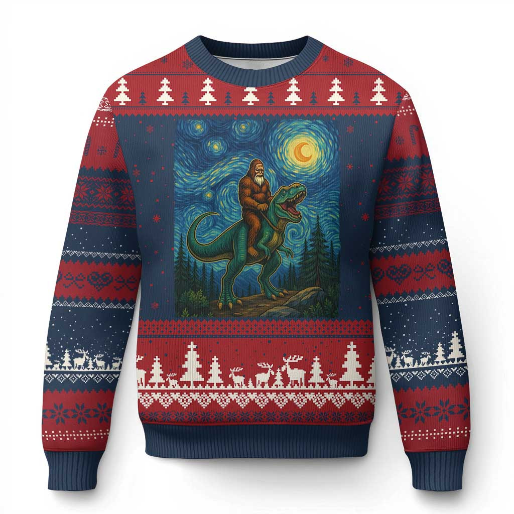 Bigfoot Dinosaur Ugly Christmas Sweater Funny Xmas Starry Night Sweater Bigfoot Based Gifts