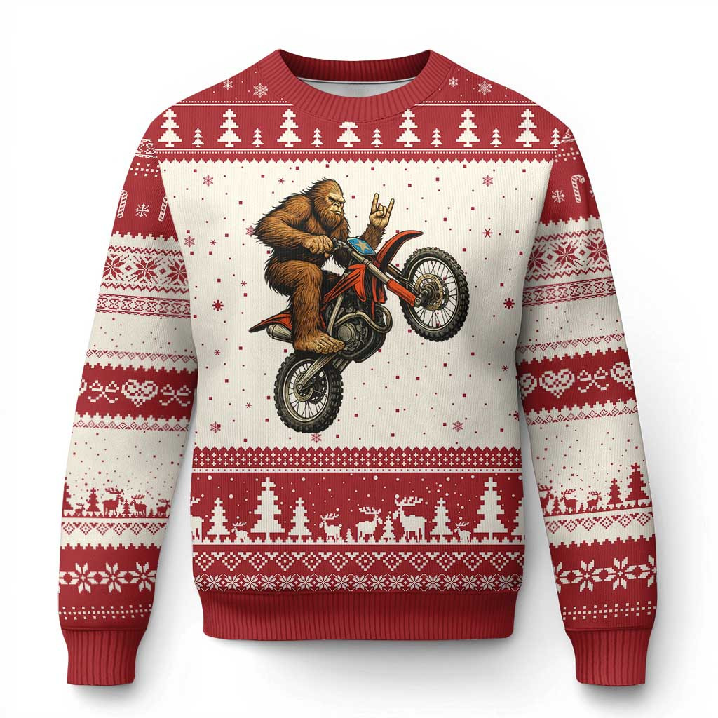 Bigfoot Dirt Bike Ugly Christmas Sweater Sasquatch Rock On Hand Sweater Xmas Biker Gifts