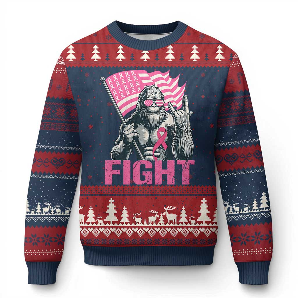 Bigfoot Fight Ugly Christmas Sweater Xmas Bigfoot Jumper Breast Cancer Awareness Gifts