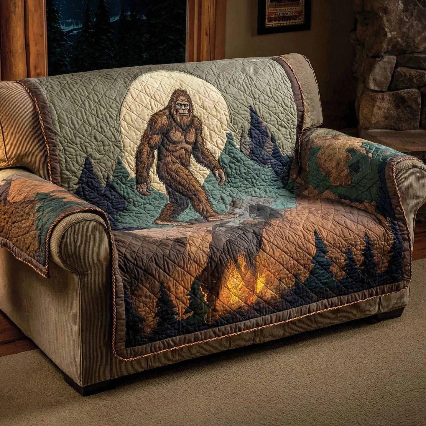 Bigfoot Forest Night Quilted Sofa Cover Sasquatch Wildlife Furniture Protector Best Gift Ideas