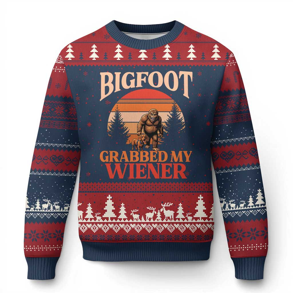 Bigfoot Grabbed My Wiener Ugly Christmas Sweater Funny Bigfoot Themed Sweater Gifts For Him
