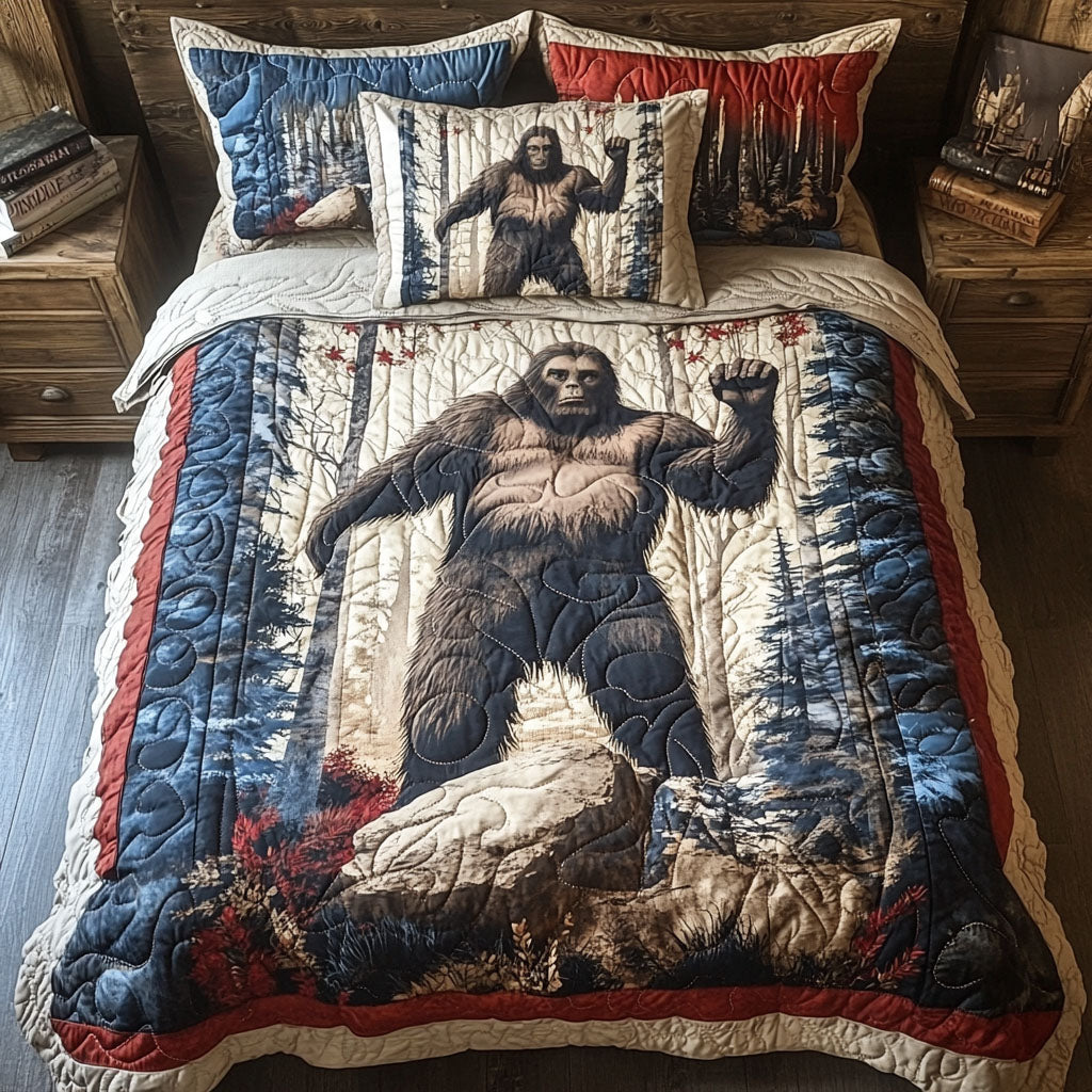 Bigfoot in Red White Blue Forest Quilted Bedding Set Bed Decor Sasquatch Gifts
