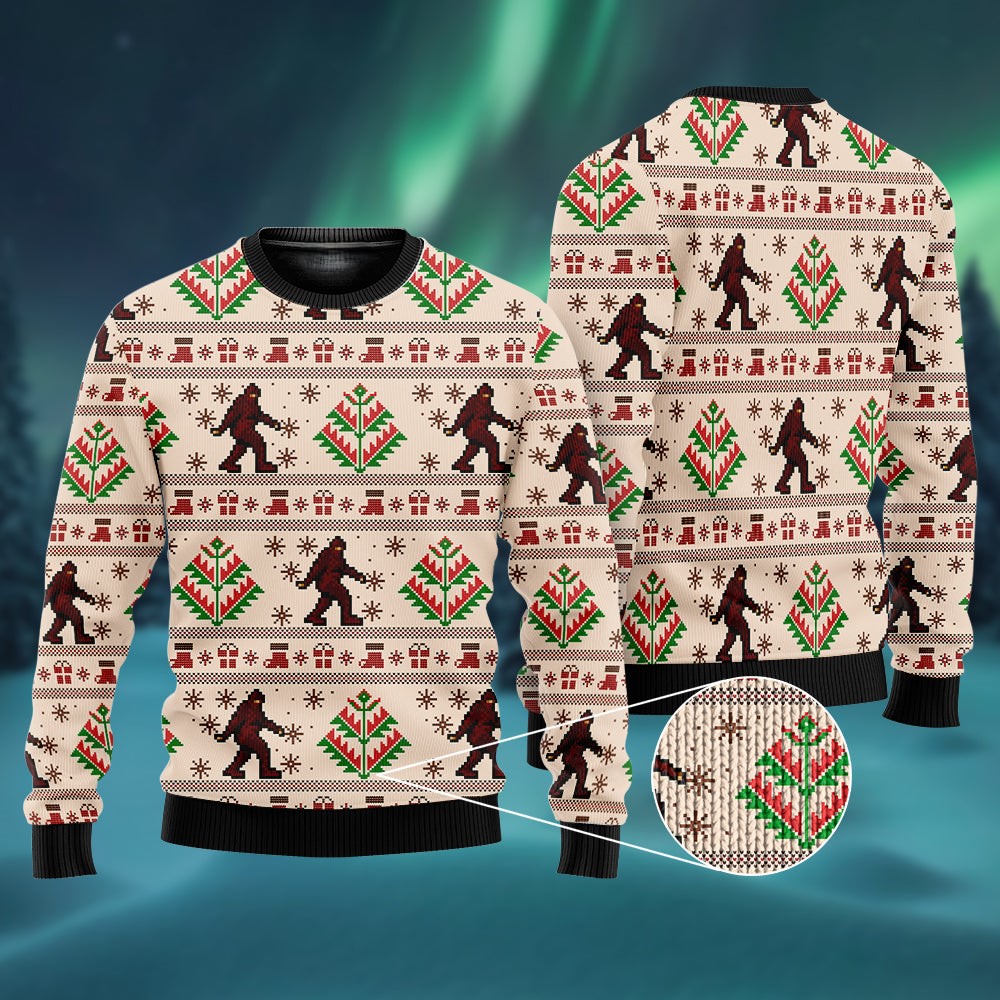 Bigfoot In Winter Forest Ugly Christmas Sweater Cozy Holiday Jumper Funny Bigfoot Gifts