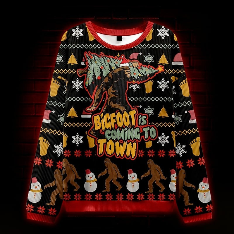Bigfoot Is Coming To Town Ugly Christmas Sweater Funny Xmas Clothing For Bigfoot Lovers