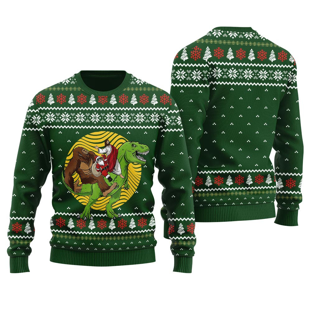 Bigfoot Jesus Santa Riding Dinosaur Mens Christmas Sweater Custom Christmas Sweatshirt for Family Matching