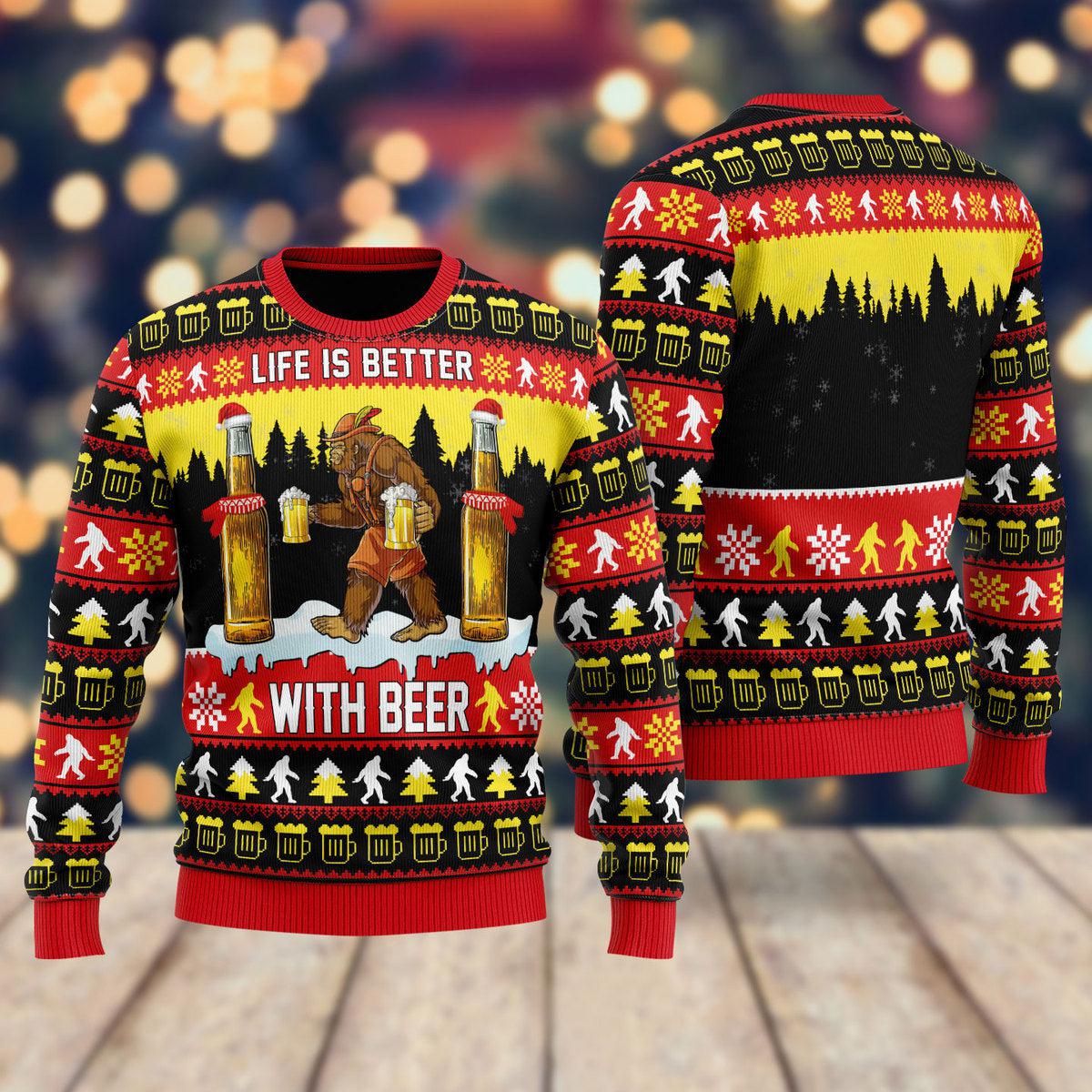 Bigfoot Life Is Better With Beer Ugly Christmas Sweater Humor Clothes Gifts For Beer Lovers