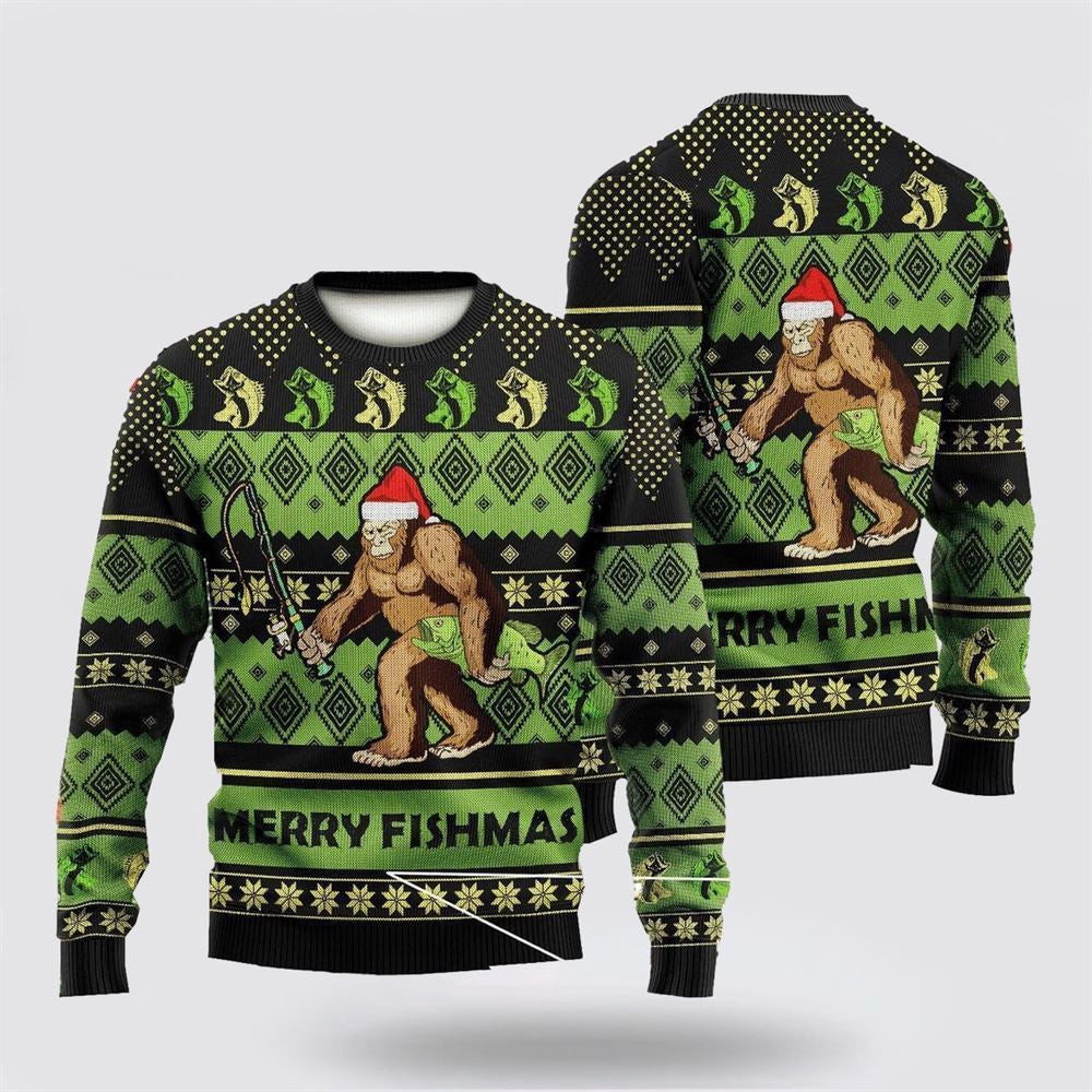 Bigfoot Merry Fishmas Green Ugly Christmas Sweater Ugly Christmas Sweatshirt Christmas Gift