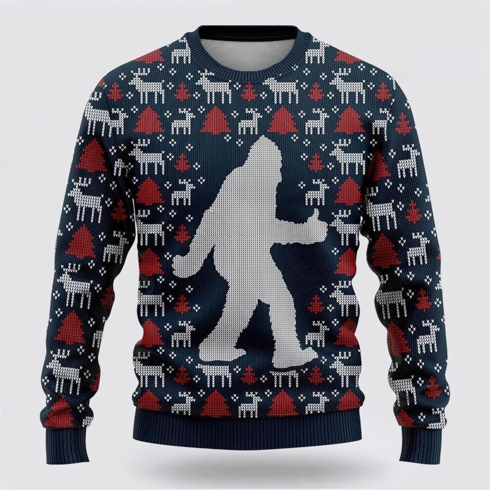 Bigfoot Reindeer And Pine Tree Motifs Blue Pattern Ugly Christmas Sweater Ugly Christmas Sweatshirt Christmas Gift