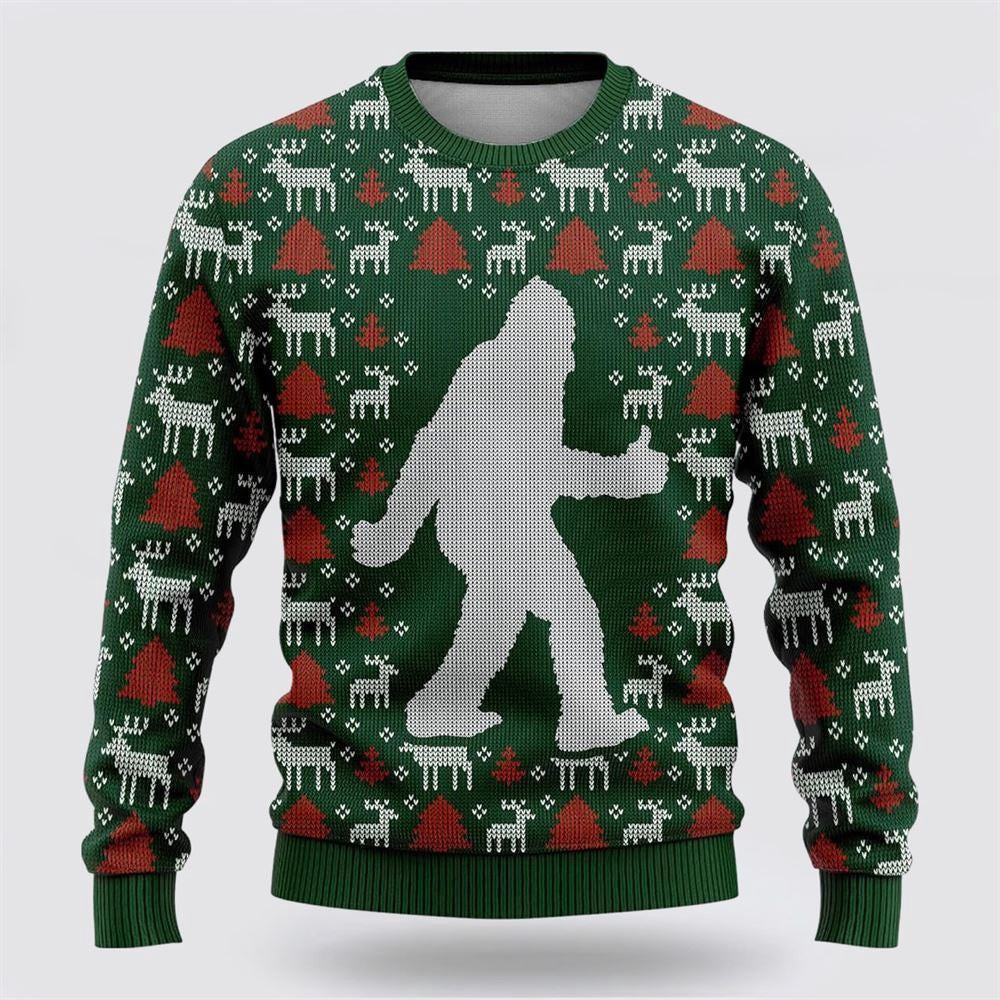 Bigfoot Reindeer And Pine Tree Motifs Green Pattern Ugly Christmas Sweater Ugly Christmas Sweatshirt Christmas Gift
