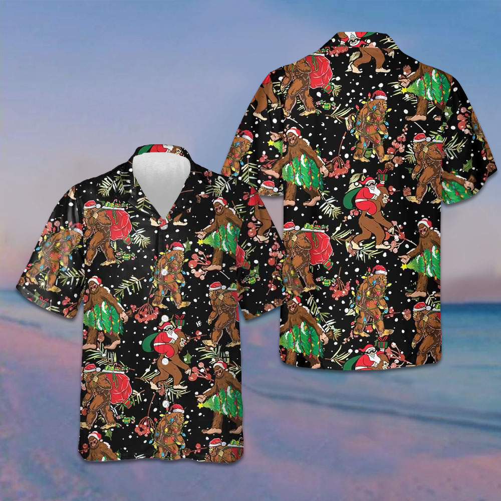 Bigfoot Santa Claus With Christmas Pattern Hawaiian Shirt Funny Christmas Bigfoot Shirt Gifts