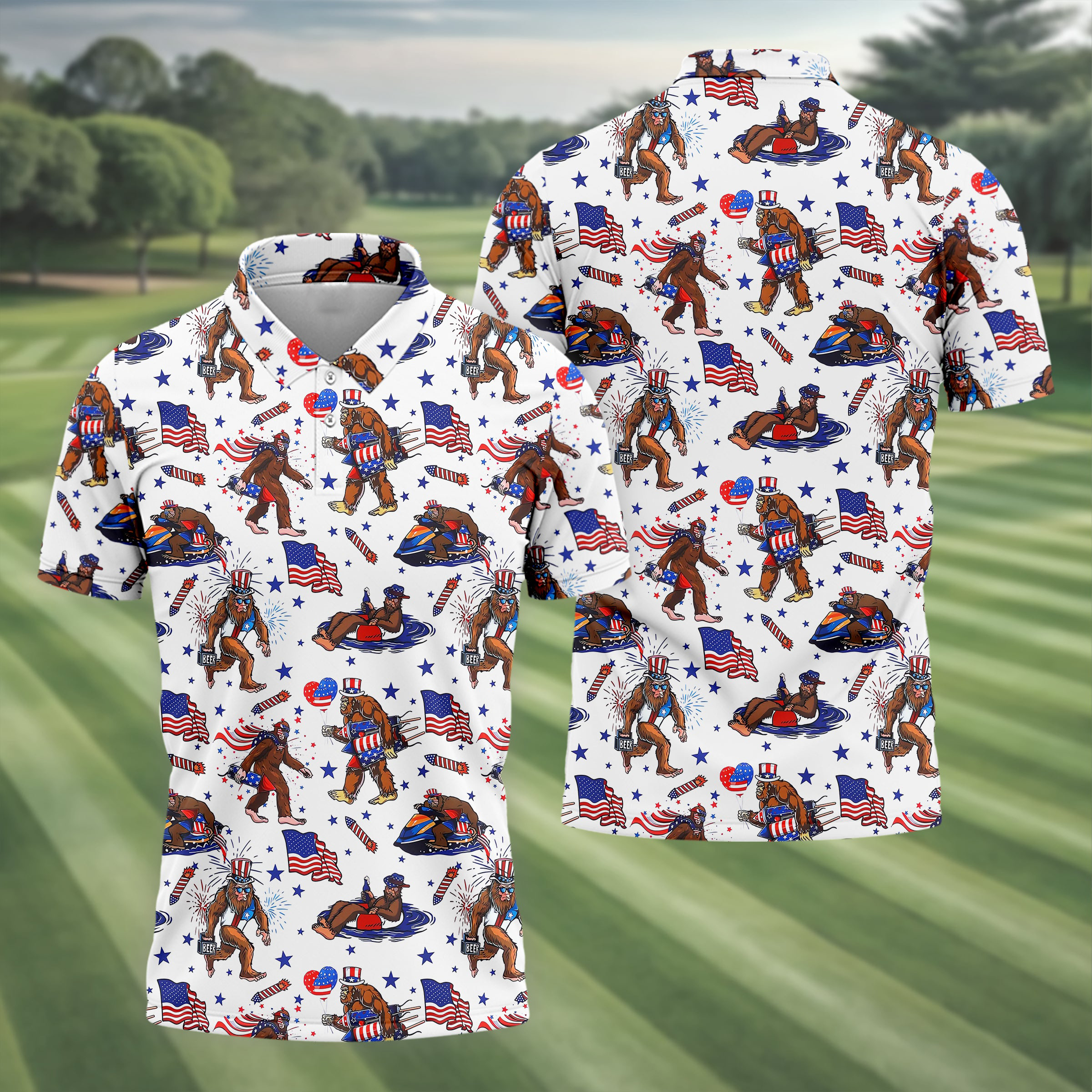 Bigfoot Sasquatch Funny Golf Polo Shirt Patriotic Golf Polos Cool Golf Gifts For Dad