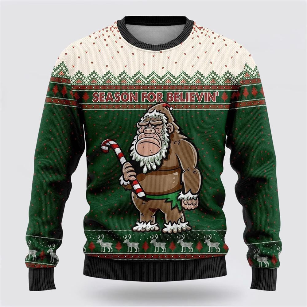 Bigfoot Season For Believin Green And White Pattern Ugly Christmas Sweater Ugly Christmas Sweatshirt Christmas Gift