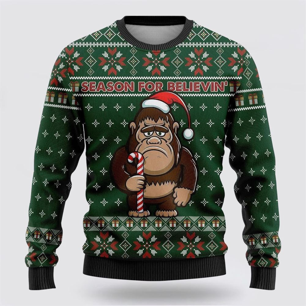 Bigfoot Season For Believin Green Pattern Ugly Christmas Sweater Ugly Christmas Sweatshirt Christmas Gift
