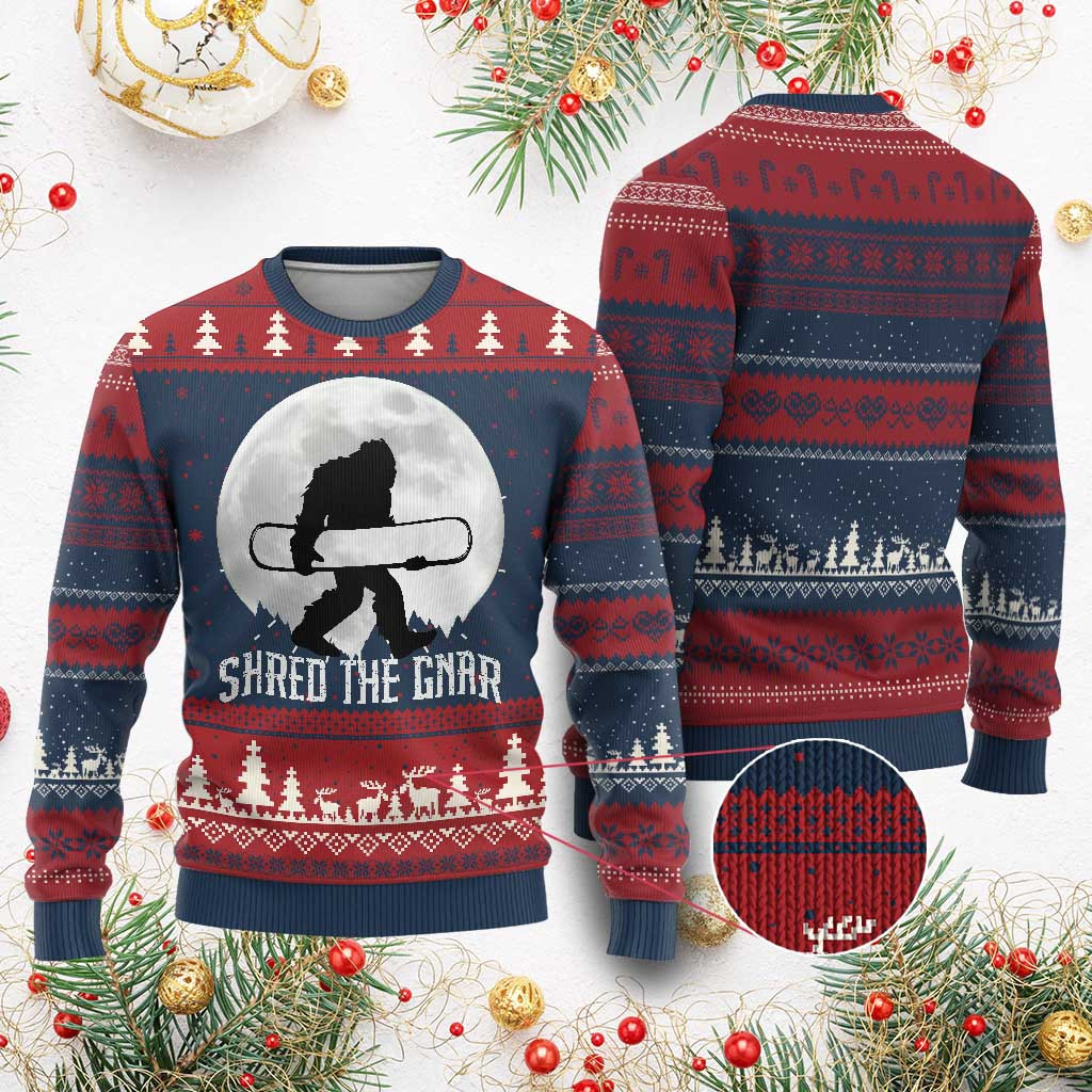 Bigfoot Shred The Gnar Ugly Christmas Sweater Best Xmas Holiday Sweater Snowboard Gifts