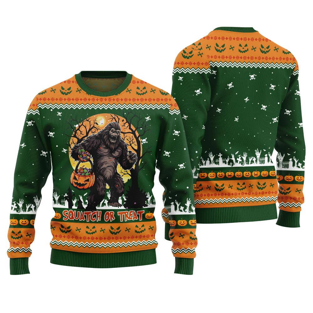 Bigfoot Squatch Or Treat Halloween Sweater Forest Green Casual Winter Sweatshirt for Daily Comfort