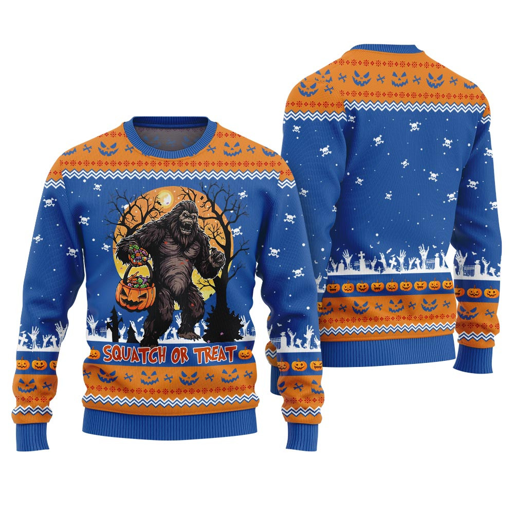 Bigfoot Squatch Or Treat Ugly Halloween Sweater Royal Classic Holiday Sweater for Festive Looks