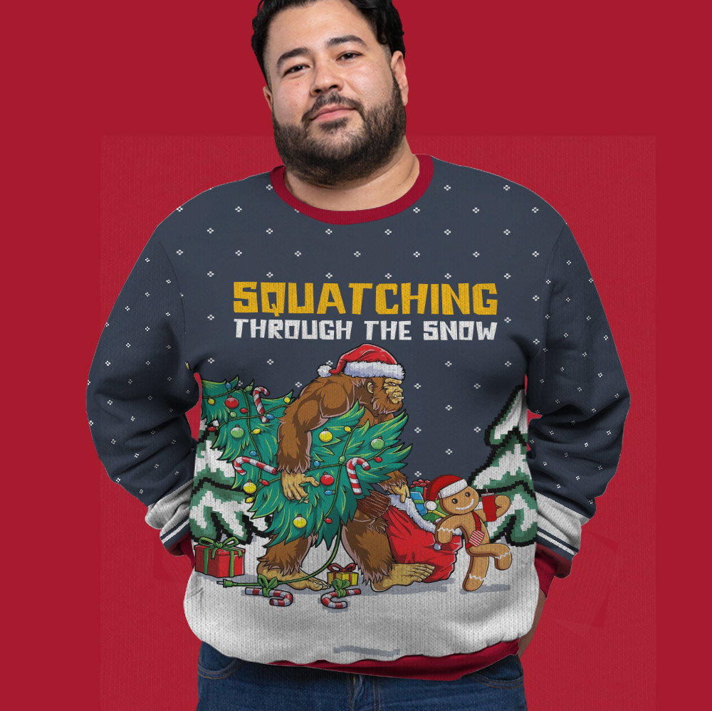 Bigfoot Squatching Through The Snow Big And Tall Ugly Christmas Sweater Navy Perfect Winter Merch Gift for the Holiday Spirit