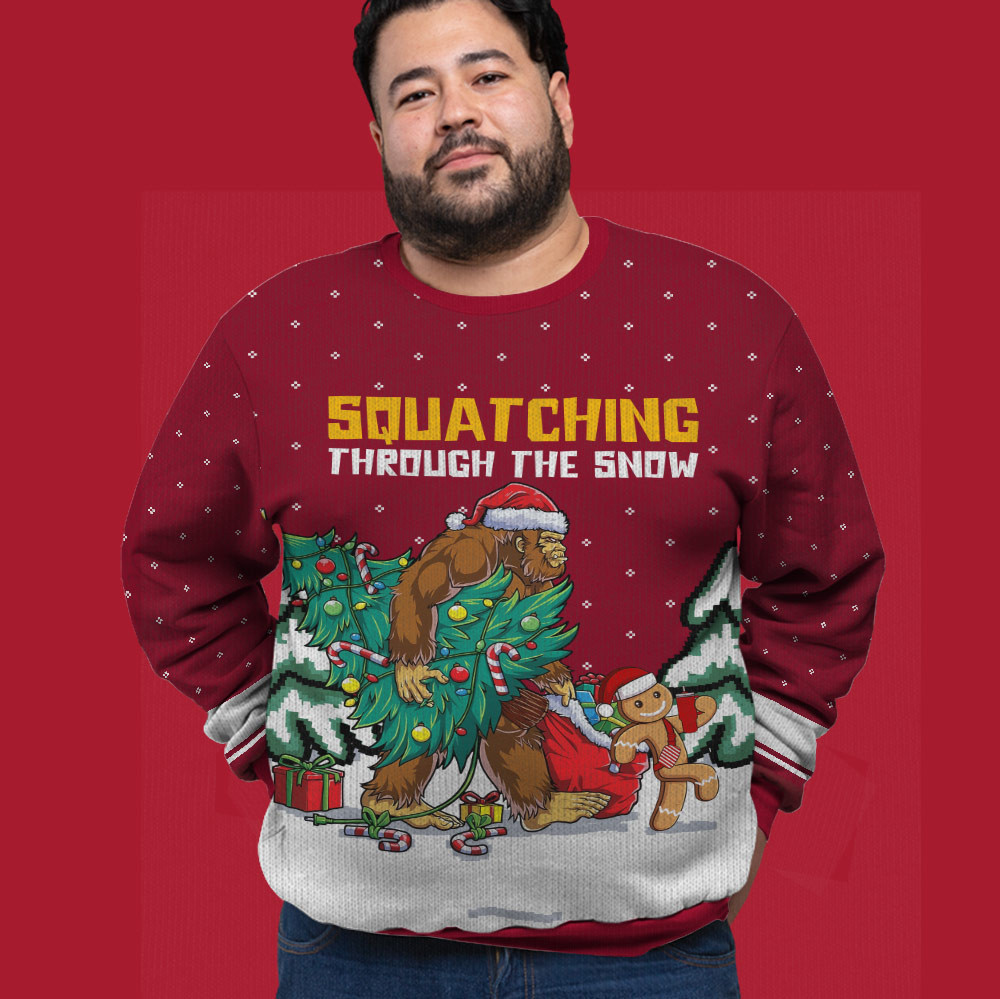 Bigfoot Squatching Through The Snow Red Big And Tall Ugly Christmas Sweater Holiday Gift Merch That Everyone Will Adore