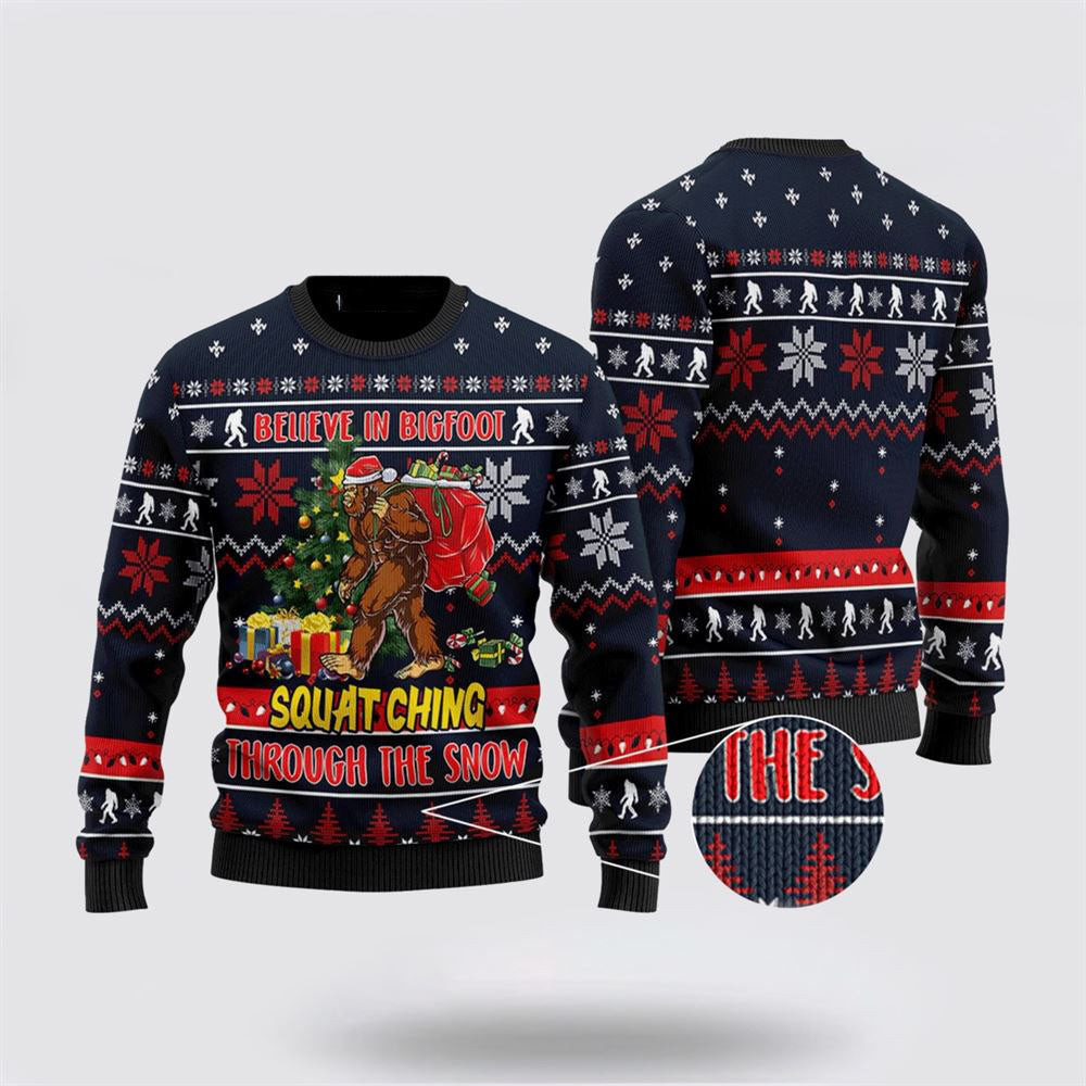 Bigfoot Squats Through The Snow Ugly Christmas Sweater  For Men And Women Gifts For Couples