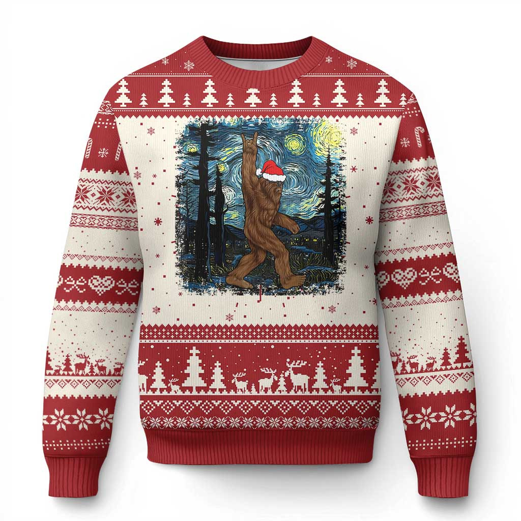 Bigfoot Starry Night Ugly Christmas Sweater Santa Hat Van Gogh Painting Xmas Bigfoot Gifts