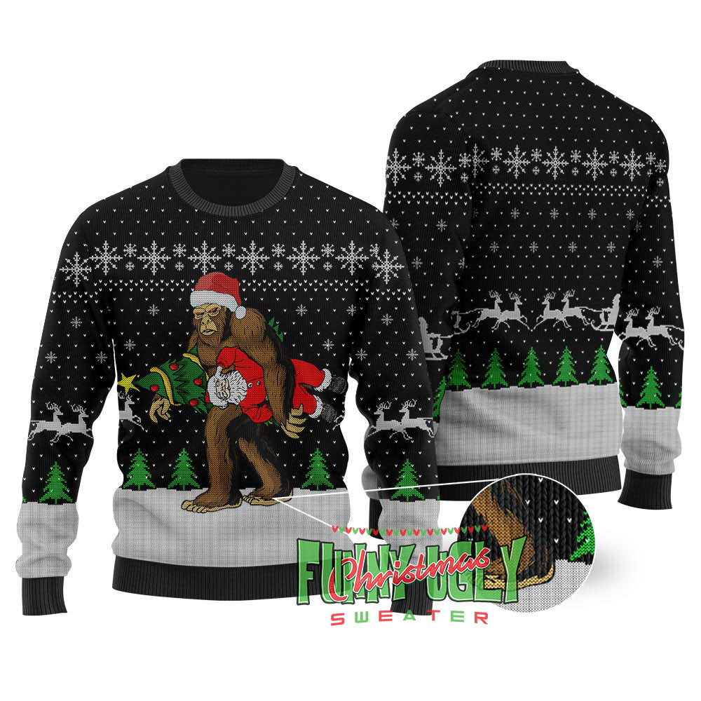 Bigfoot Stealing Santa Ugly Christmas Sweater Black Best Christmas Merch Gift for Family and Friends