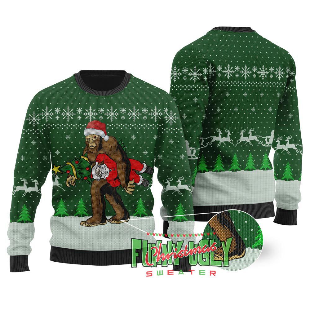 Bigfoot Stealing Santa Ugly Christmas Sweater Forest Green Warm Winter Sweater to Brighten Your Holidays