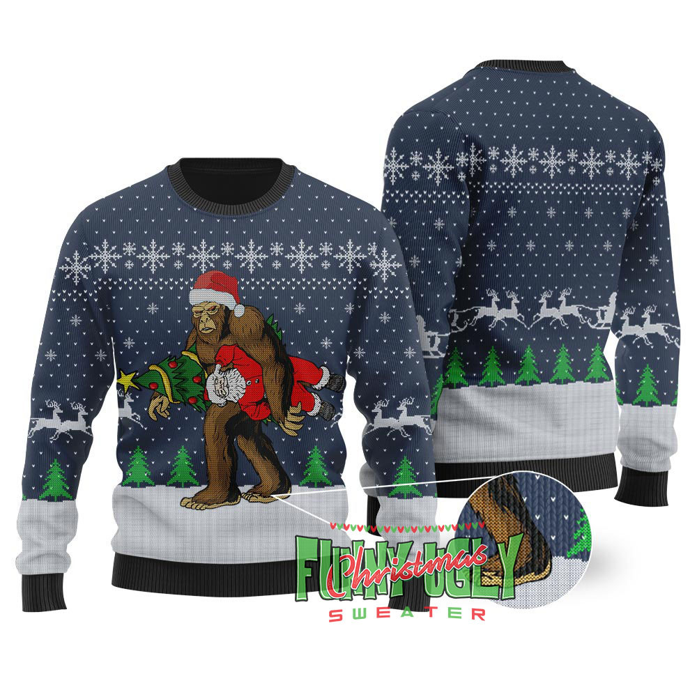 Bigfoot Stealing Santa Ugly Christmas Sweater Navy Popular Holiday Gift Merch for Everyone