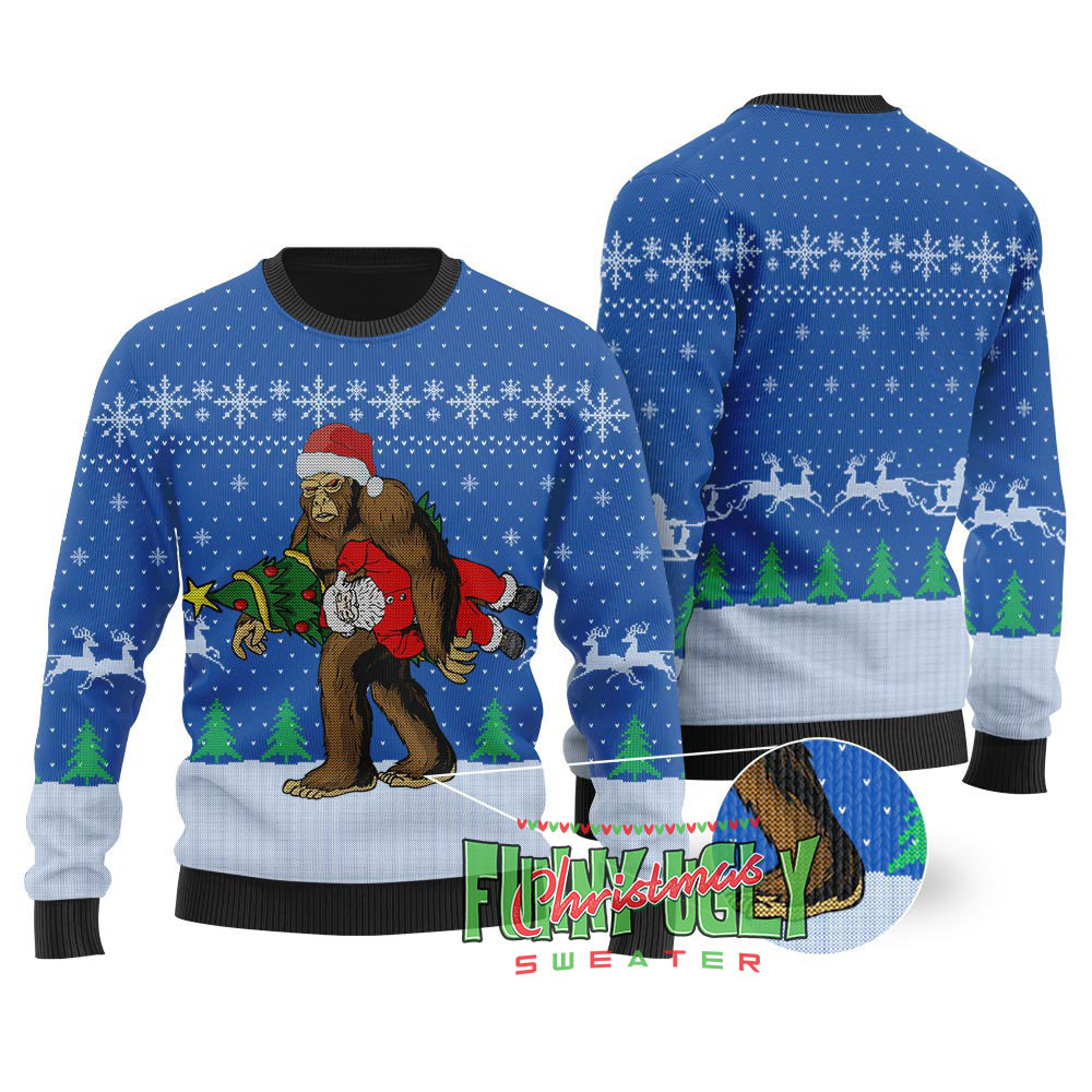 Bigfoot Stealing Santa Ugly Christmas Sweater Royal Personalized Christmas Sweatshirt Gift for Family