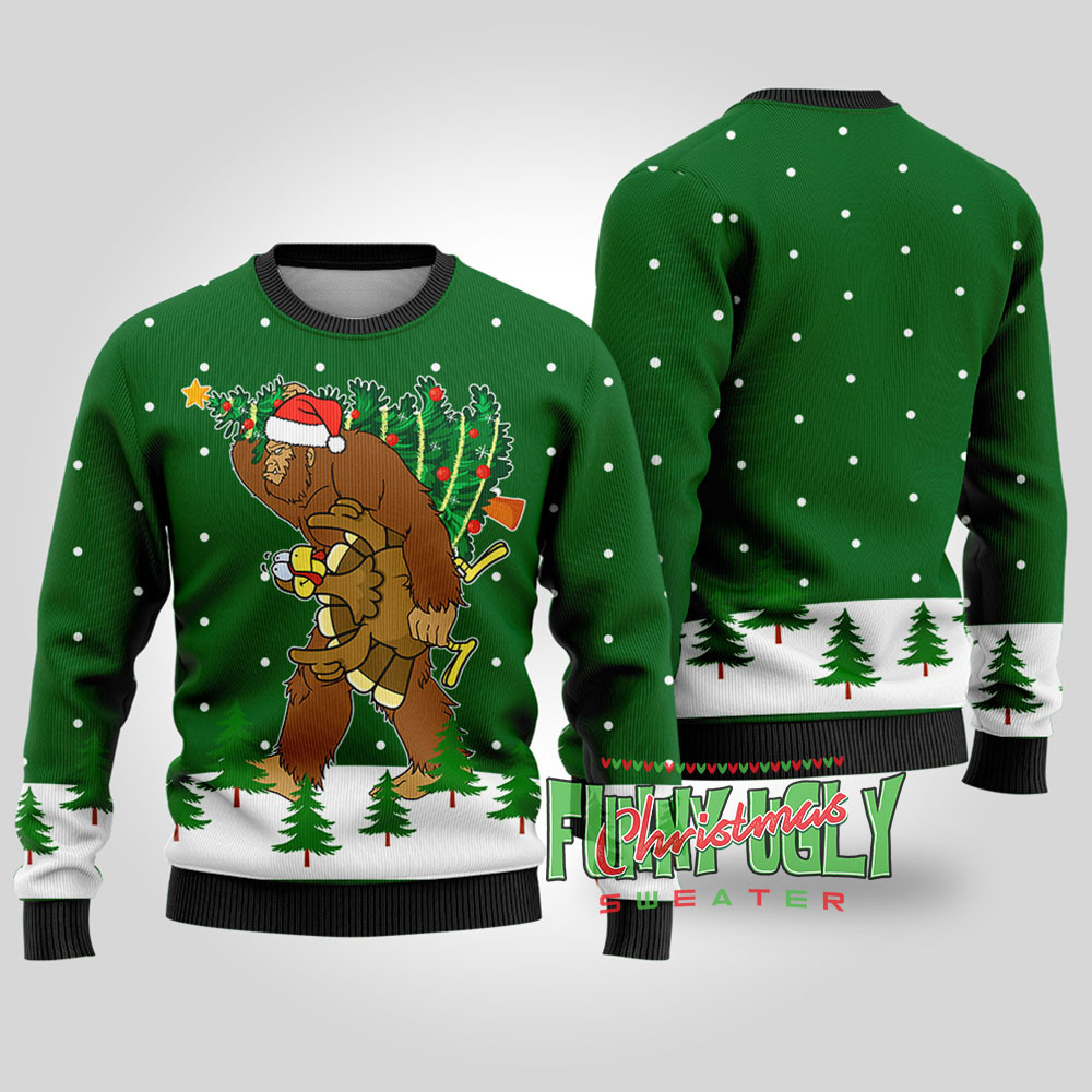 Bigfoot Stole Thanksgiving Funny Christmas Sweater Forest Green Funny Xmas Sweater for Ugly Sweater Parties