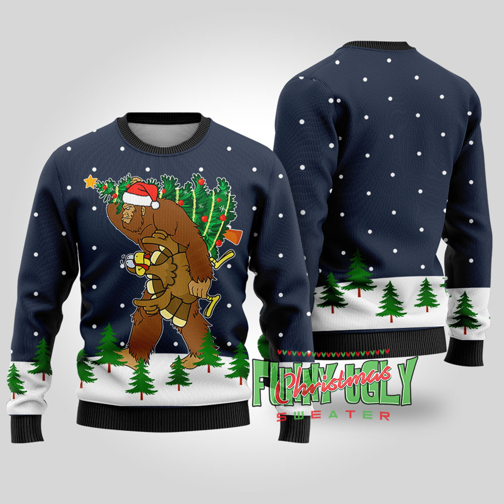 Bigfoot Stole Thanksgiving Funny Christmas Sweater Navy Exclusive Christmas Sweater Merch Gift Edition