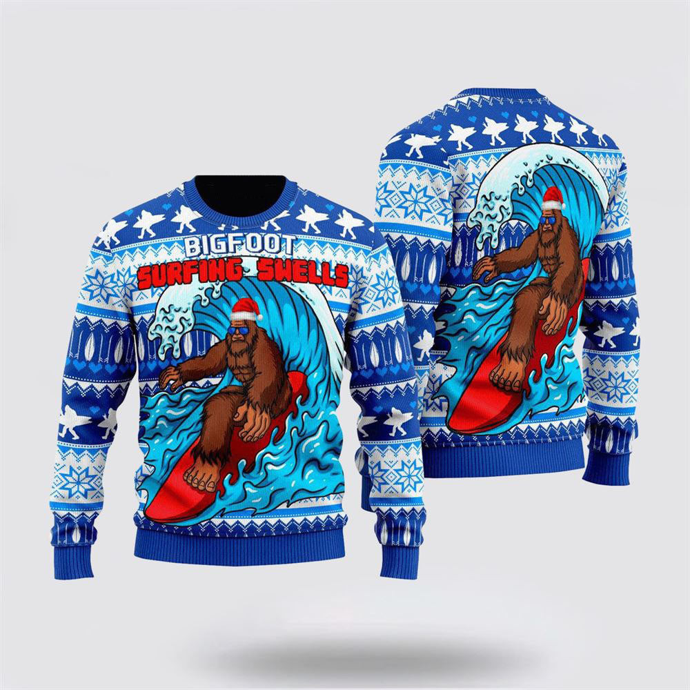 Bigfoot Surfing Swells Ugly Christmas Sweater  For Men And Women Gifts For Couples