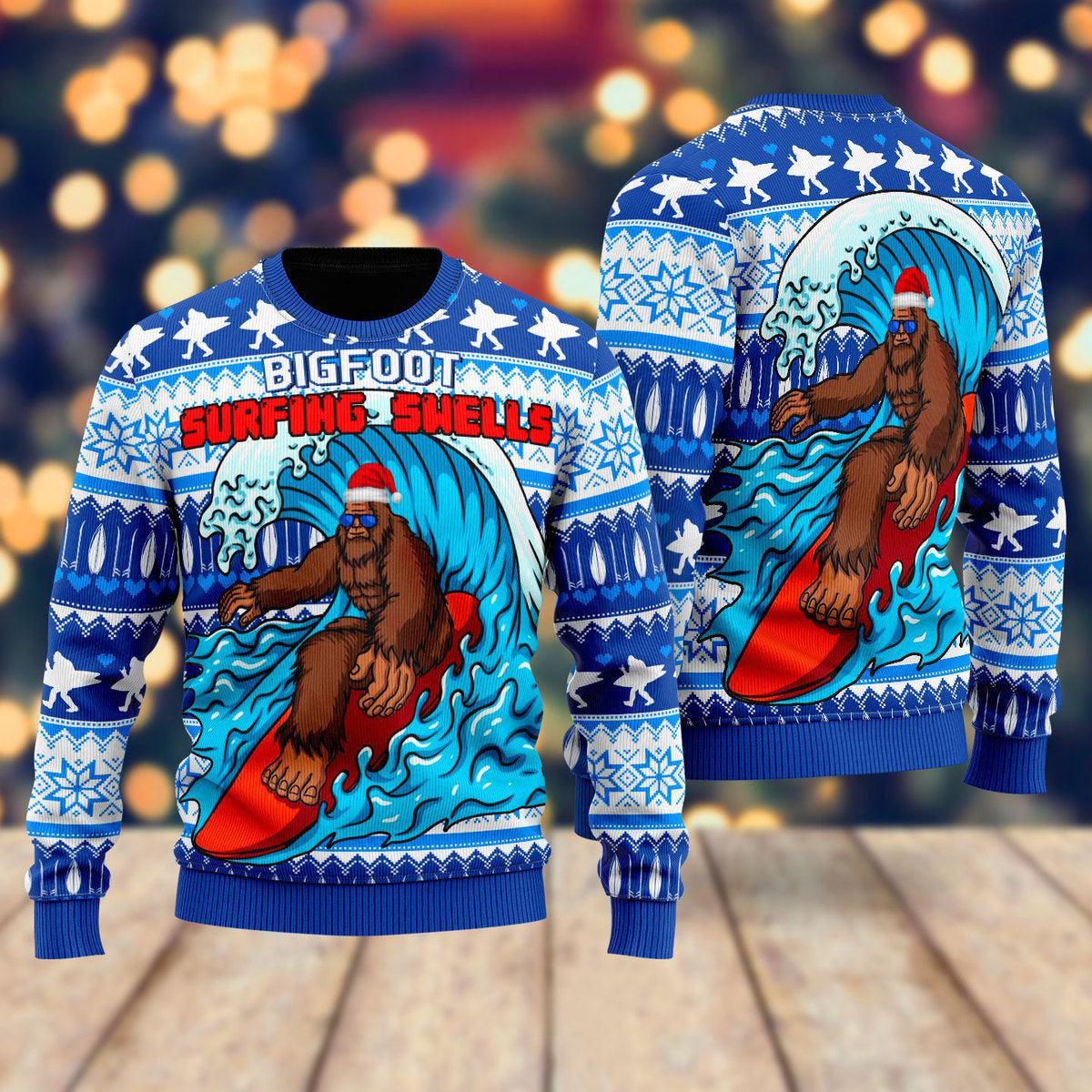 Bigfoot Surfing Swells Ugly Christmas Sweater Funny Clothes Gifts For Surfing Enthusiasts