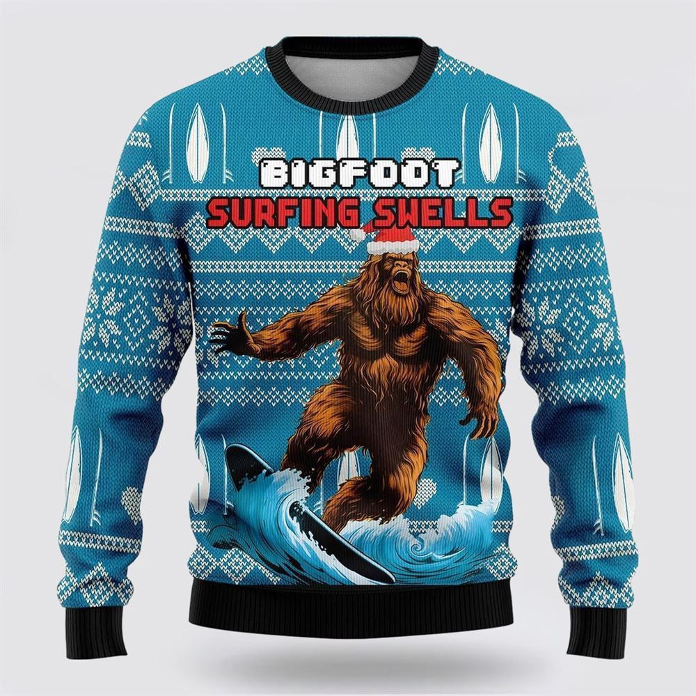Bigfoot Surfing Swells Ugly Christmas Sweater Ugly Christmas Sweatshirt Christmas Gift