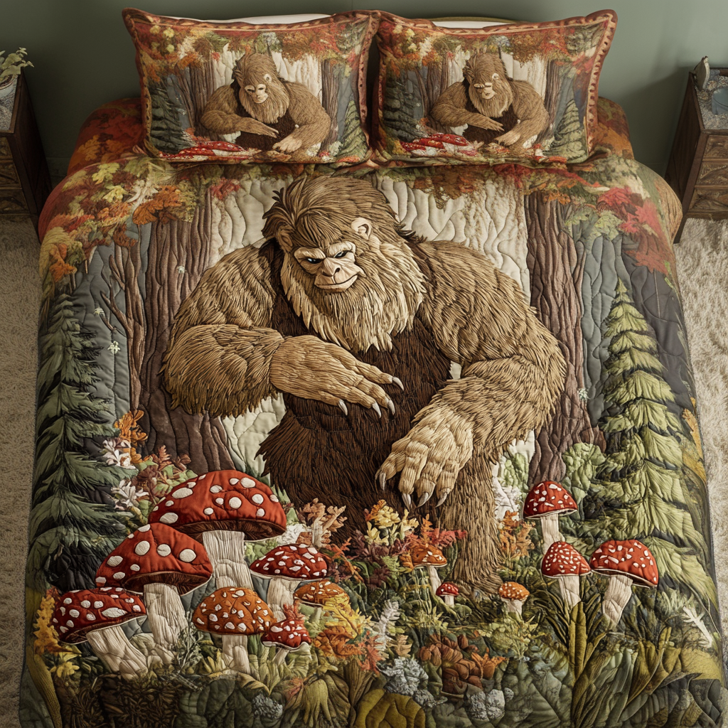 Bigfoot Trail Quilted Bedding Set Holiday Duvet Cover Set Sasquatch Themed Gifts